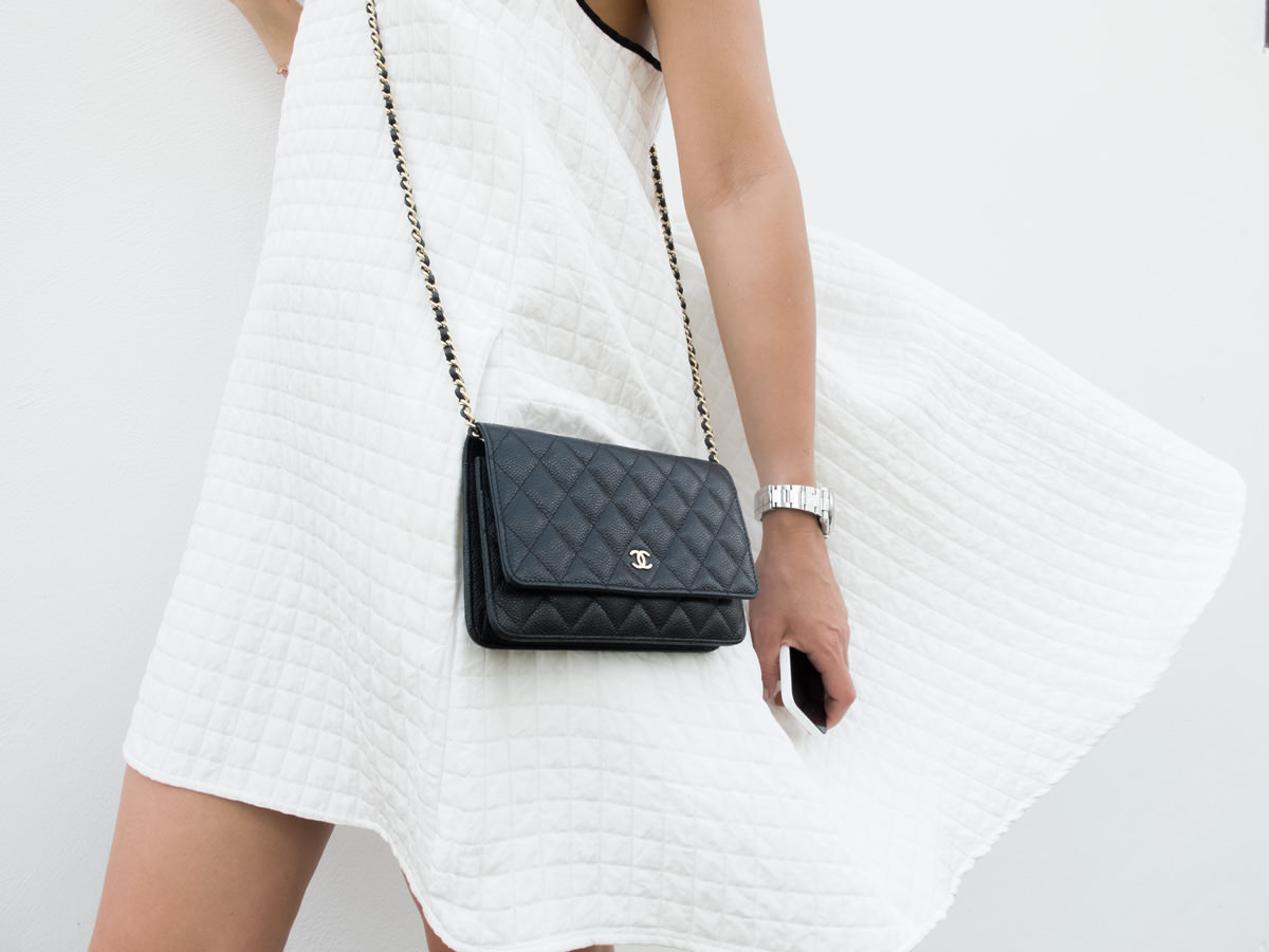 chanel bag, wallet on chain, white dress, carribean