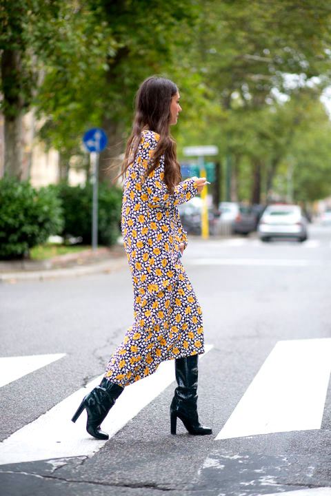70s trend, boho dress, knee high boots, pattern