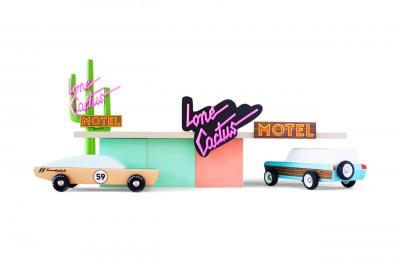 toys, motel, car, pastel colors, cactus, pink letters