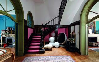 pink carpet, wooden stairway, persian carpet, vintage carpet, parquet, green door arch, white balls, vintage, old painting, white armchair