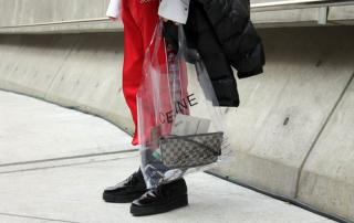 red sweatpants, Celine bag, transparent, black bomber jacket